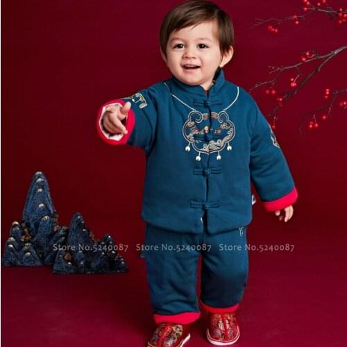 Children Chinese Style New Year Outfits Winter Warm Coats Pants Baby Girl Boy Kids Fashion Cotton Jackets Tang Suit Clothing Set