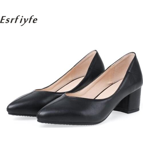 ESRFIYFE 2020 New Fashion Thick Heel Shoes Woman Pointed Toe Work Shoes Slip on Shallow Pumps Spring Summer Footwear Party Shoes