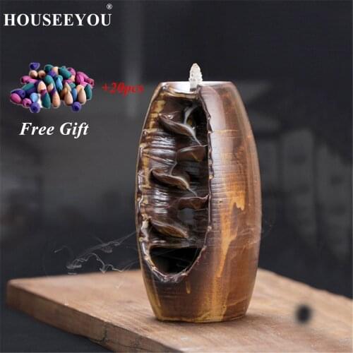 Backflow Incense Burner + 20PCS Cones Ceramic Aromatherapy Smell Aromatic Home Office Incense Road Crafts Tower Incense Holder