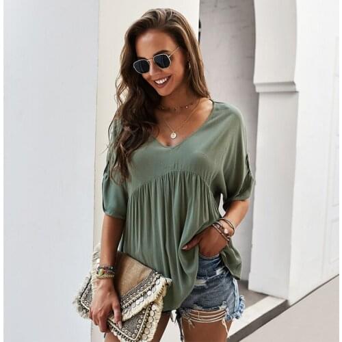 T-shirt ladies cuff tailoring womens casual T-shirt pure cotton loose V-neck pullover green casual wear top womens clothing