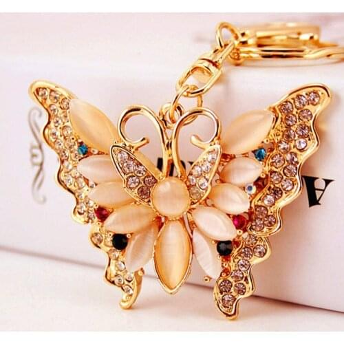 FYSL Light Yellow Gold Color Circle Butterfly Shape Cat Eye Stone Key Chain with Rhinestone Jewelry