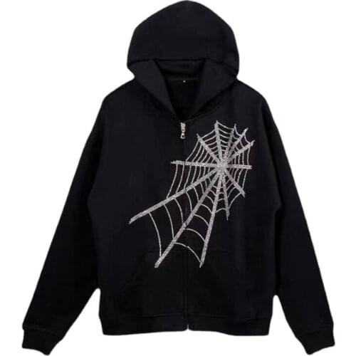 Spider Web Rhinestone Streetwear Harajuku Hoodies Zipper Up Casual Thin Autumn Hooded Black Hoodies Sweatshirts For Women CS696