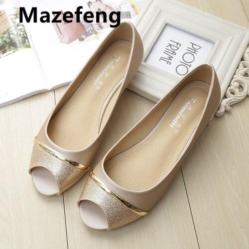 Mazefeng Brand Leather Peep Toe Women Flats Shoes Summer Wedge Shoes Woman Loafers Increasing Women Flats Shoes Big Size 33-43