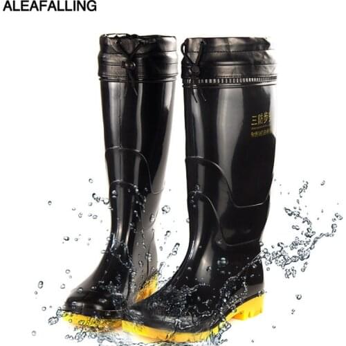 Aleafalling Plus Cotton Removable Mens Work Shoes Fishing Car Wash Tall Rain Boots PVC Waterproof Non-slip Adult Rainboots