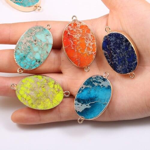 Natural Stone Double hole Connectors Egg Shape Emperor Stone Pendant for Jewelry Making DIY Necklace Bracelet Accessories