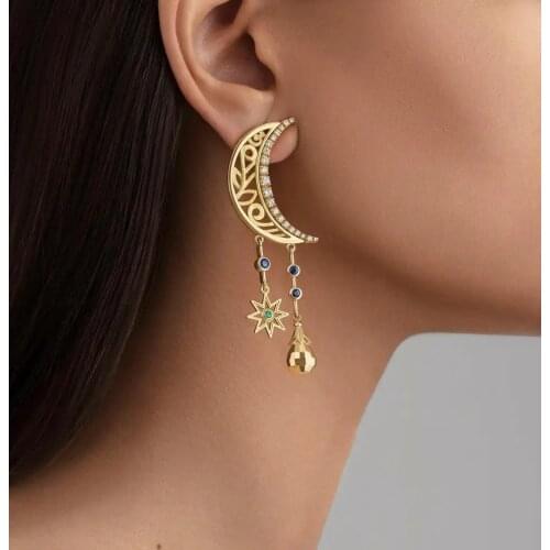 Silver Irregular Star Moon Earrings Stud For Women 18K Gold Pave CZ Asymmetry Earrings Fine Jewelry Wedding Bridal Gift