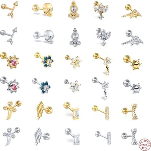 925 Sterling Silver Stud Earring Luxury Arrow Skull Dagger Wings Piercing Pendientes Helix Earrings For Women Ear Bone Buckle