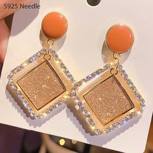 Real 925 Sterling Silver Needle Dangle Earrings for Women Jewelry Rhombus CZ Rhinestone Drop Earrings