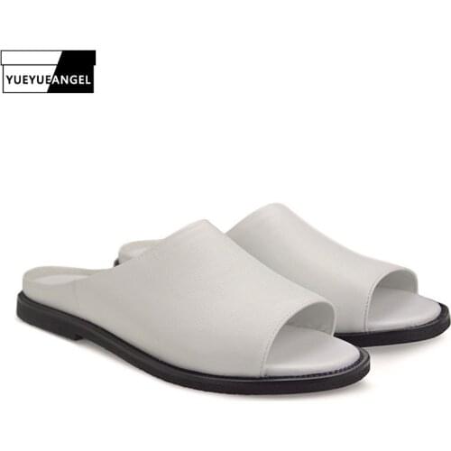 2020 Euro Fashion Men Indoor Bathing Slides Shoes Genuine Leather Casual Beach Shoes Male Open Toes Summer Slippers Black White