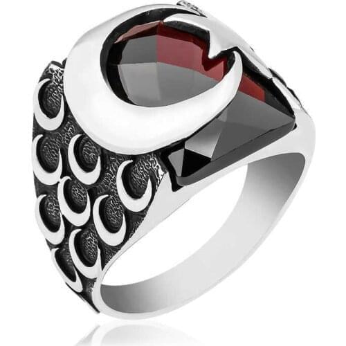 Tevuli 925 Sterling Silver Red Cutting Cubic Zirconia Moon Star Men 'S Ring