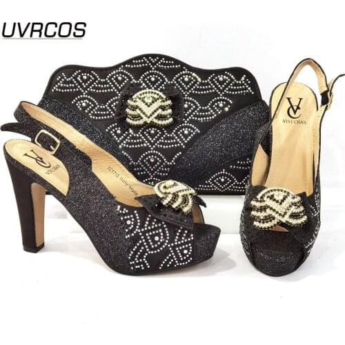 Nigerian 2021 New Arrival Italian Design Crystal and Metal Decoration Style Party Ladies Shoes and Bag Set in Black Color Noble