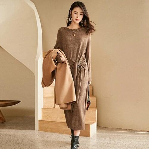 Knitted Dress Women 50% Cashmere 50% Wool Simple Style Solid Knitted Long Sleeve Pullover Elegant Dress 2 Colors New Fashion