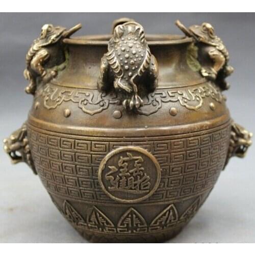 Xd 002207 China Chinese Bronze Copper Marked Folk 4 Hoptoad Coin Lion Head Statue Pot Jar