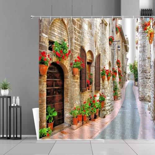 Garden Scenery Street Alley Pattern Shower Curtains Green Plants Floral Landscape Bathroom Decor Curtain Waterproof Polyester