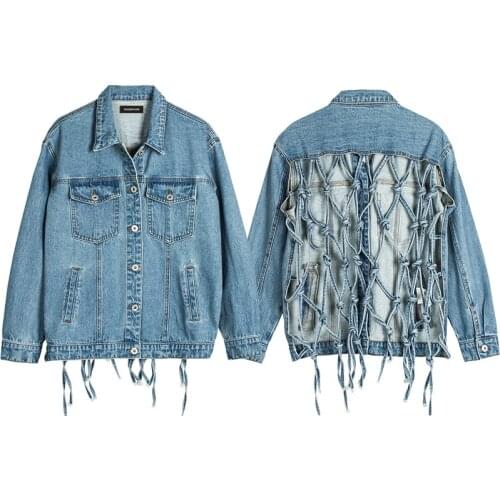 DSQBRAND Womens Denim Jacket Light Blue Loose Top DSQ Letter Label Back Hollow Tassel Denim Jacket Womens Baseball Uniform bob