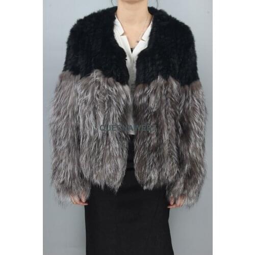 Natural Silver Fox Fur Coat Knitted Fox Fur And Rabbit Fur Jacket Full Sleeve Overcoat Women Winter Outside Coat