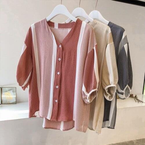 Female Striped 3/4 Sleeve Blouse Shirt Women Loose Blusas Femme Spring Summer Casual Ladies Office Plus Size Blouses Top Y937