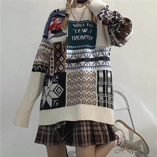 Winter Bear sweater women streetwear stitching couple loose jacket casual retro preppy plaid pullover y2k super long sweater