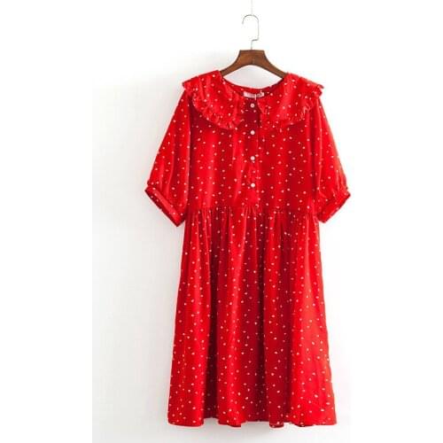 Large size 5XL Summer Printed Dress Women Peter pan Collar Short sleeve Red Dresses Female Loose Button Cotton Dress Vestido G96