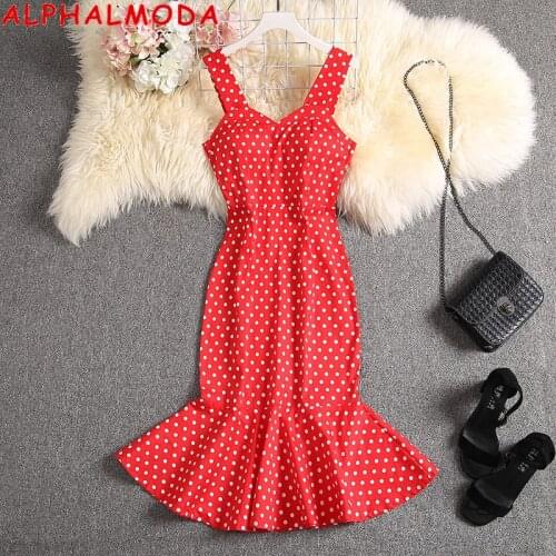 ALPHALMODA Summer Beautiful Fishtail Dress Slim Fit Women Stylish Dress Polka Dot Padded Wrap Hip Tank Dress