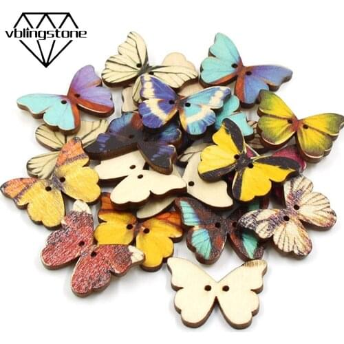 50Pcs 27x21mm Mixed Butterfly Wooden Button Cartoon Decorative Buttons For Children Scrapbooking Colorful 2Holes Sew Button DIY