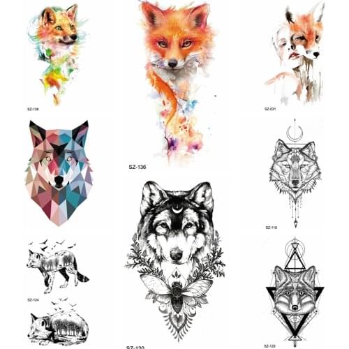 Watercolor Fox Temporary Tattoo Stickers Women Arm Insect Water Transfer Tatoos Men Geometrical Wolf Flash Tattoo Sexy Charm DIY