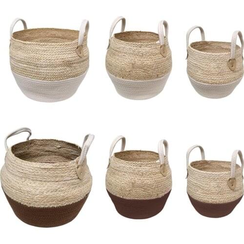 Household Foldable Natural Seagrass Woven Storage Baskets Garden Flower Vase Hanging Basket With Handle Storage Bellied Basket