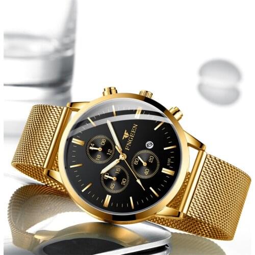 FNGEEN Men Watch Gold Black Stainless Steel Quartz Watches Mesh Strap Sport Military Watch Waterproof Luminous Relogio Masculino