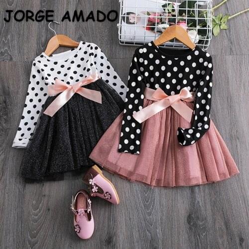 2021 New Autumn Girls Dresses Dot Long Sleeves Princess Dress with Bow Sashes Children Sundress Kids Cute Clothes E9566