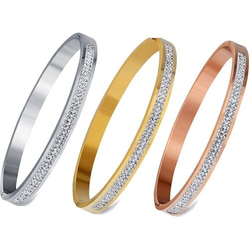 Two Row crystal rhinestone stainless steel bracelets & bangles Rose Gold Color women Fashion Jewelry Bangle Accessories