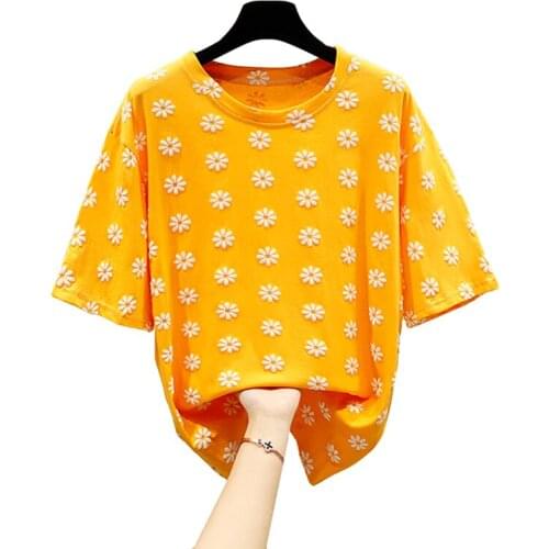 Summer Casual Woman O-neck T-shirt Print Small Daisies Harajuku Tops Tees Loose Korean Female Short Sleeve Yellow Cotton T Shirt