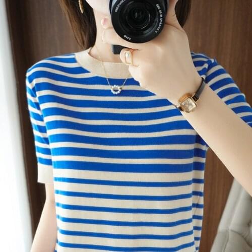 Summer new style 100% cotton striped knitted T-shirt womens round neck pullover loose short all-match blouse bottoming shirt