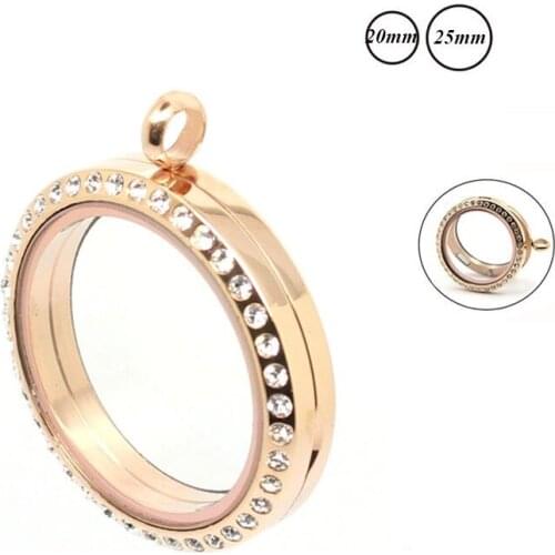 Mix Size Round Rose Gold Crystal Magnetic Floating Locket 316L Stainless Steel Floating Charms Memory Glass Locket Pendant