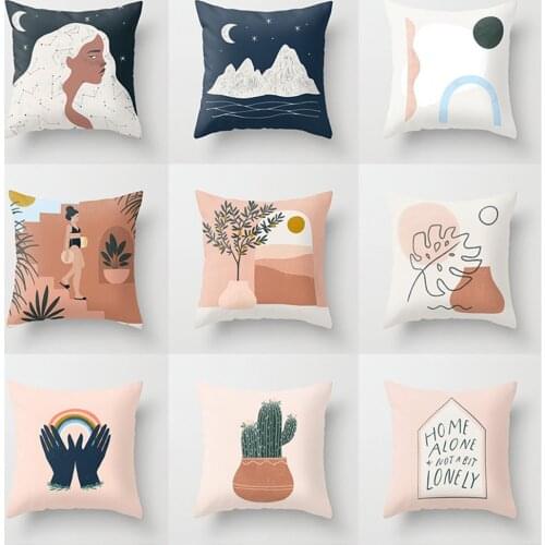 New Polyester Abstract Oil Painting Girl Mountain Peak Sun Moon Cactus Pillowcase Gometric Cushion Cover Throw Sofa Home Decor