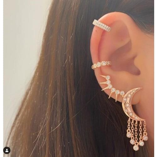 New arrived fashion girl women jewelry sparking bling 5A cz moon northstar starbrust tassel chain dangle earring christmas gift