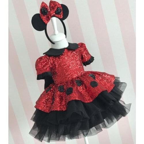 New Coming Infant Girls Birthday Gown With Big Bow Red Sequined Toddler Girl First Birthday Dress 9M-14Y Photography Props