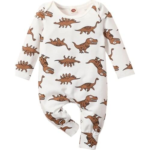 Infant Baby Autumn Jumpsuits, Dinosaur Print O-Neck Long Sleeves Rompers with Buttons for Toddlers, Girls, Boys, 0-24 Months