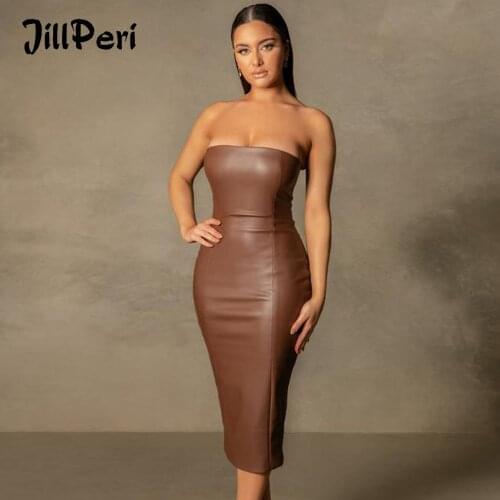JillPeri Strapless Stretch PU Bodycon Midi Dress Sexy Back Slit Black Chocolate Solid Elegant Outfit Party Leather Dress