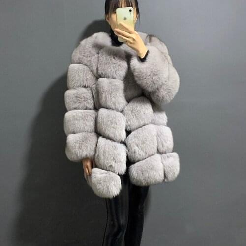 Rf20153 Winter Womens Real Fox Fur Coat Rhombic Cut 70cm Long