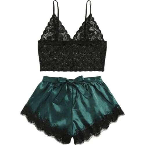 Sexy Lingerie Lace Silk Set Women Pajamas Tops Sleepwear Sleeveless Shorts Straps Ladies Bathrobe Nightwear Womens Underwear