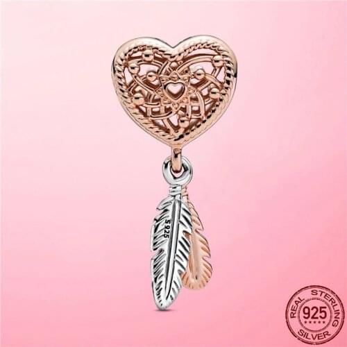 Silver Dreamcatcher Bead 925 Sterling Silver Openwork Heart Two Feathers Dreamcatcher Charm Fit Necklace Bracelet Silver Jewelry