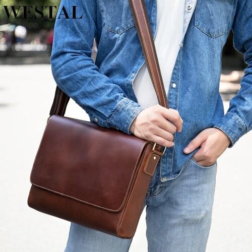 WESTAL Mens Genuine Leather Bag Vintage Crossbody Bags for Men Crazy Horse Leather Messenger Bag Mens Shoulder Bags Handbags