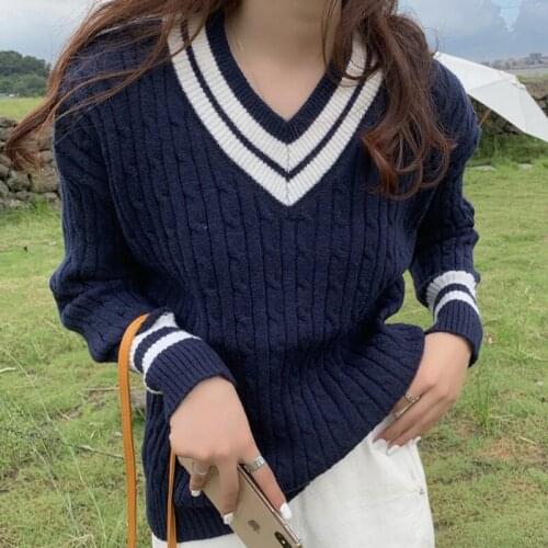 Vintage Casual Sweater Female Knitted Womens Sweaters Pullovers Soft V Neck Chic Daily Tops Ladies Outerwear Autumn Winter