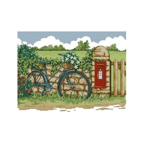 Bicycle by the fence 45-35 Cross Stitch Set Cross-stitch Kit Embroidery Needlework Craft Packages Cotton Fabric Floss