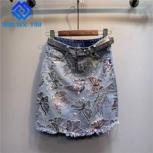 Embroidery Butterfly Beading Denim Skirt Women Summer Fashion Hole High waist Mini Skirt Female Package Hip A-Line Jeans Skirts