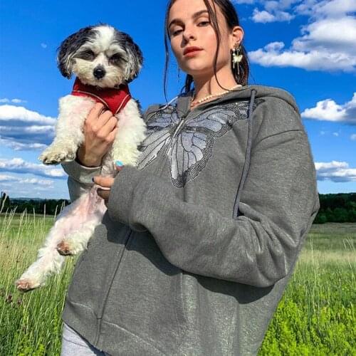 Butterfly Print Womens Zipper Autumn Hoodie Casual Long-Sleeved Rhinestone Butterfly Pattern Loose Sweatshirt 2021