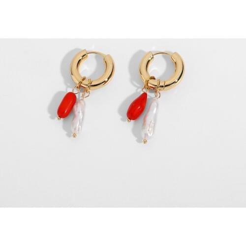 Natural Keshi Freshwater Pearls Red Corals Huggies Earrings For Women Gold Plated Brass Hoop Earrings Jewelry