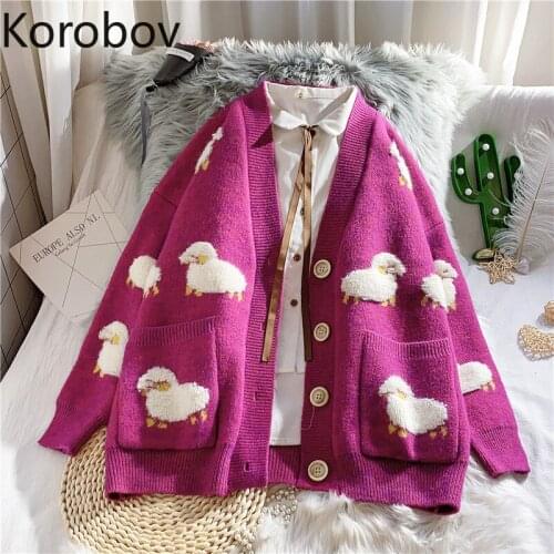 Korobov Women Cardigans Korean V Neck Long Sleeve Single Breasted Cartoon Sweaters 2020 Autumn New Chic Outwear Knit Top