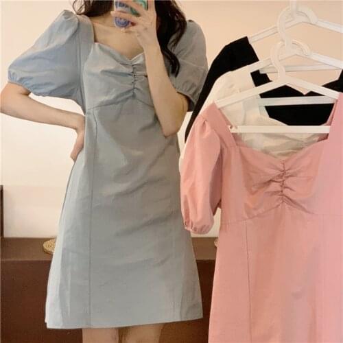 Dress Temperament Small Waist Thin Section Square Collar French Puffy Sleeve Casual Dress Female Summer