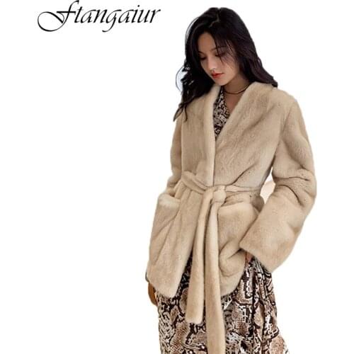 Ftangaiur 2021 Winter Import Velvet Mink Fur Coat Womens Slim V-Neck With Sashes Pockets Short Natural Real Mink Fur Coats